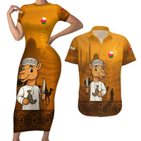 Oman Couples Matching Short Sleeve Bodycon Dress and Hawaiian Shirt with Traditional Camel Character and Desert Silhouette Design