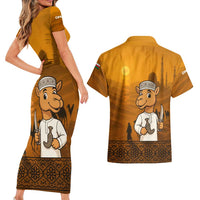 Oman Couples Matching Short Sleeve Bodycon Dress and Hawaiian Shirt with Traditional Camel Character and Desert Silhouette Design