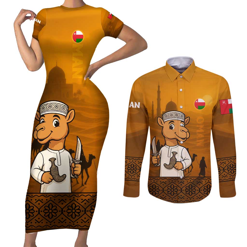 Oman Couples Matching Short Sleeve Bodycon Dress and Long Sleeve Button Shirt with Traditional Camel Character and Desert Silhouette Design