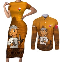 Oman Couples Matching Short Sleeve Bodycon Dress and Long Sleeve Button Shirt with Traditional Camel Character and Desert Silhouette Design