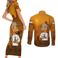 Oman Couples Matching Short Sleeve Bodycon Dress and Long Sleeve Button Shirt with Traditional Camel Character and Desert Silhouette Design
