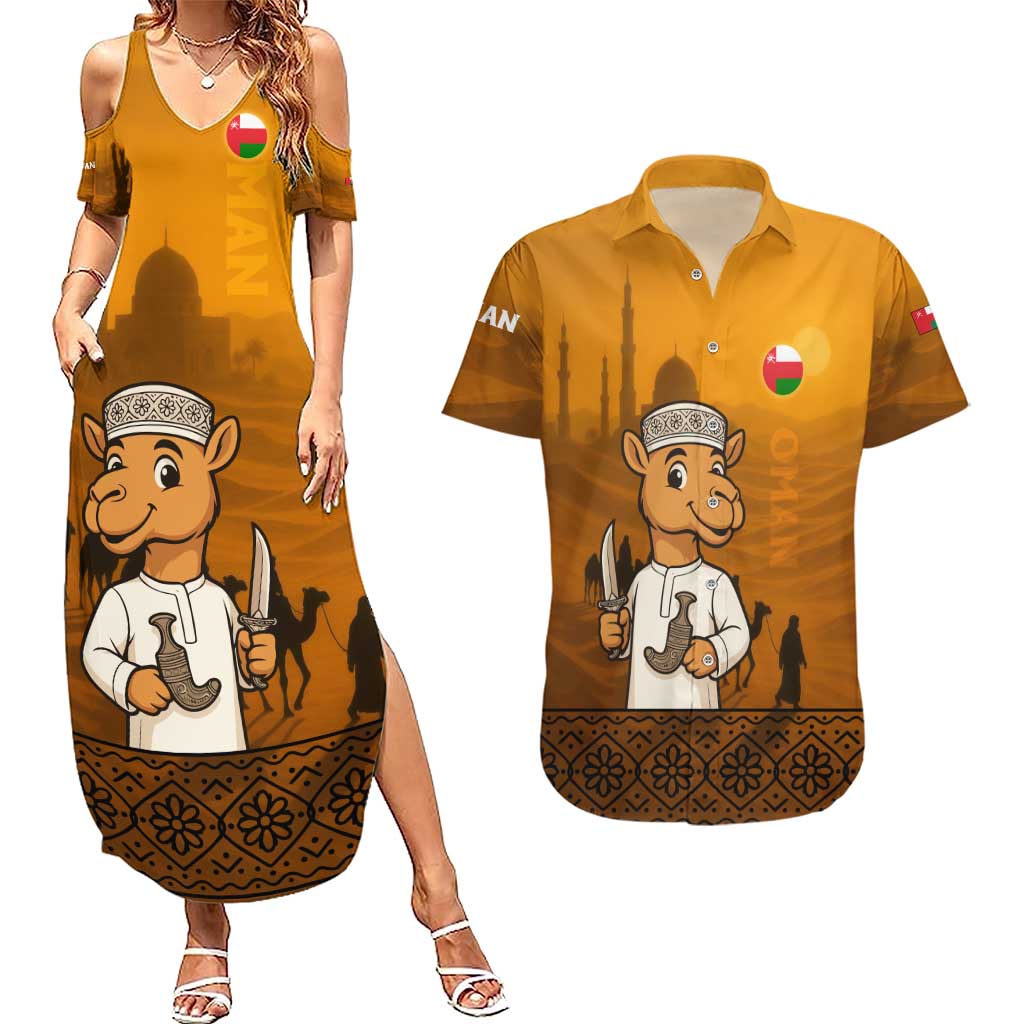 Oman Couples Matching Summer Maxi Dress and Hawaiian Shirt with Traditional Camel Character and Desert Silhouette Design