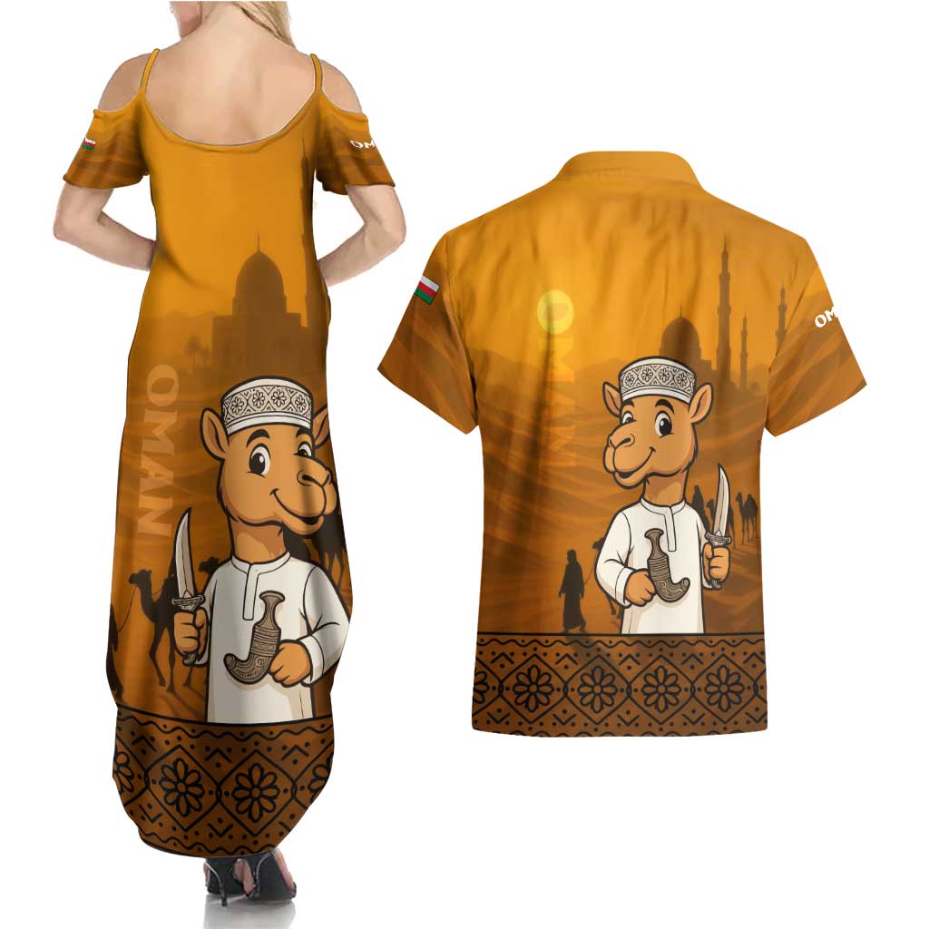 Oman Couples Matching Summer Maxi Dress and Hawaiian Shirt with Traditional Camel Character and Desert Silhouette Design