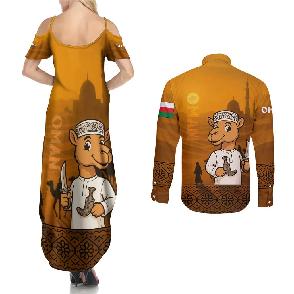 Oman Couples Matching Summer Maxi Dress and Long Sleeve Button Shirt with Traditional Camel Character and Desert Silhouette Design
