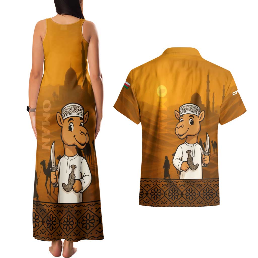 Oman Couples Matching Tank Maxi Dress and Hawaiian Shirt with Traditional Camel Character and Desert Silhouette Design