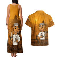 Oman Couples Matching Tank Maxi Dress and Hawaiian Shirt with Traditional Camel Character and Desert Silhouette Design