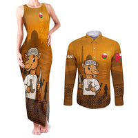 Oman Couples Matching Tank Maxi Dress and Long Sleeve Button Shirt with Traditional Camel Character and Desert Silhouette Design