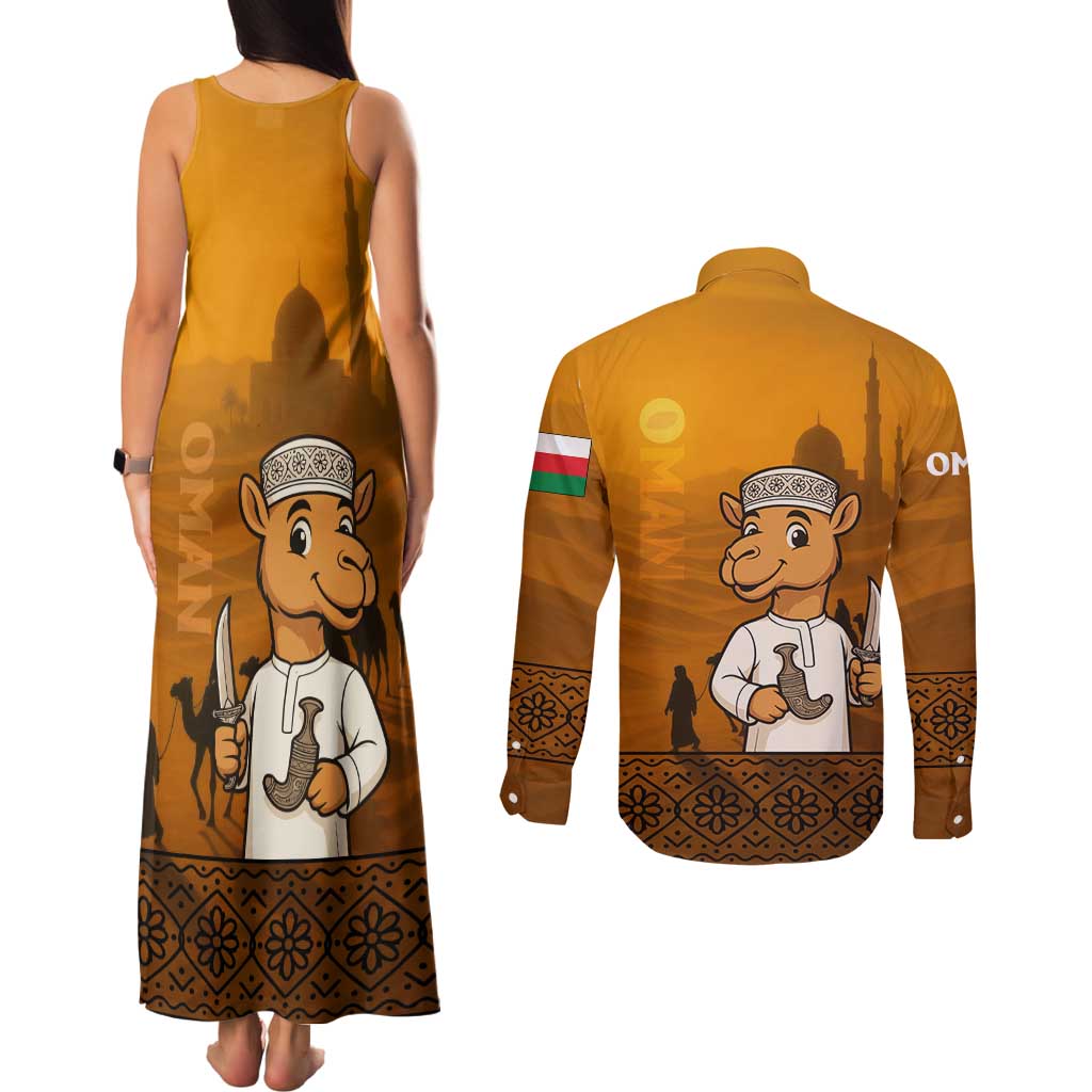 Oman Couples Matching Tank Maxi Dress and Long Sleeve Button Shirt with Traditional Camel Character and Desert Silhouette Design