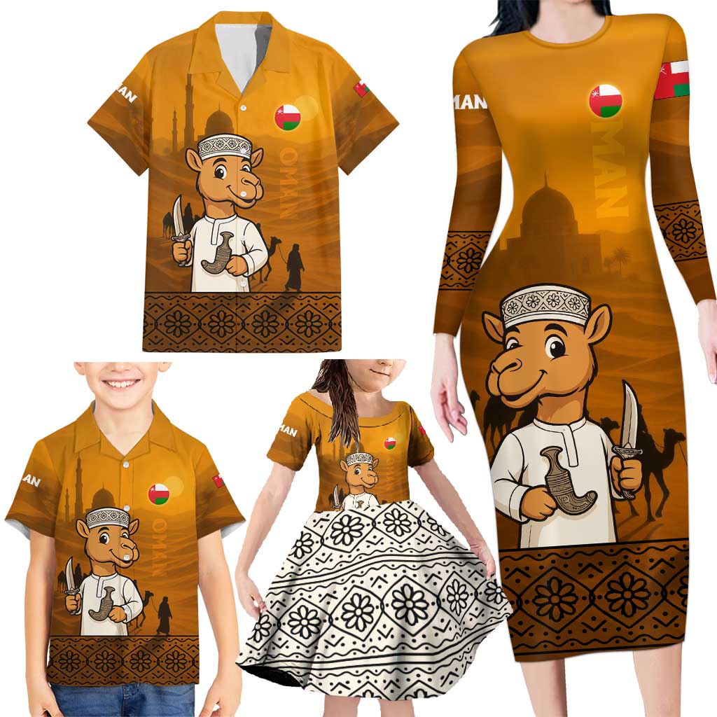 Oman Family Matching Long Sleeve Bodycon Dress and Hawaiian Shirt with Traditional Camel Character and Desert Silhouette Design