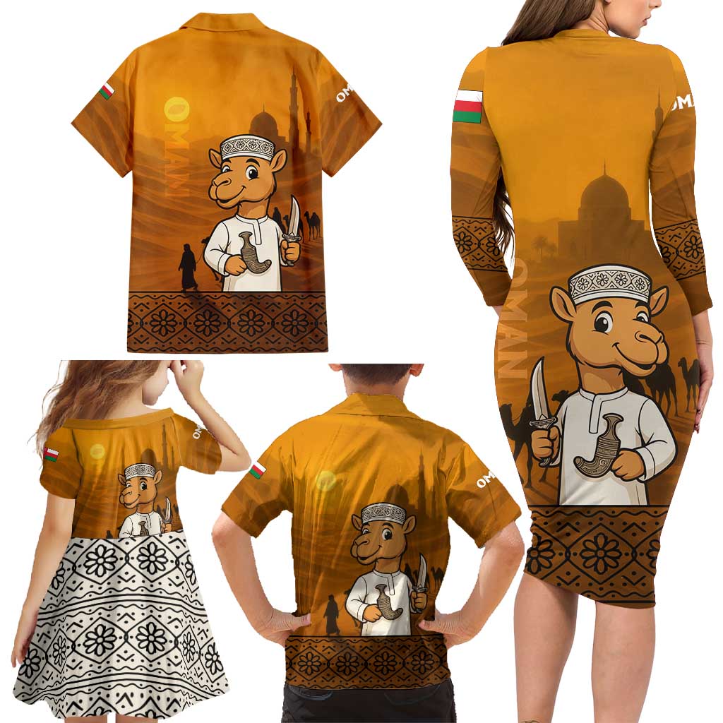 Oman Family Matching Long Sleeve Bodycon Dress and Hawaiian Shirt with Traditional Camel Character and Desert Silhouette Design