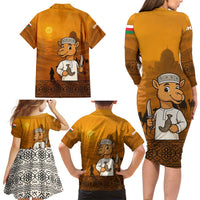 Oman Family Matching Long Sleeve Bodycon Dress and Hawaiian Shirt with Traditional Camel Character and Desert Silhouette Design