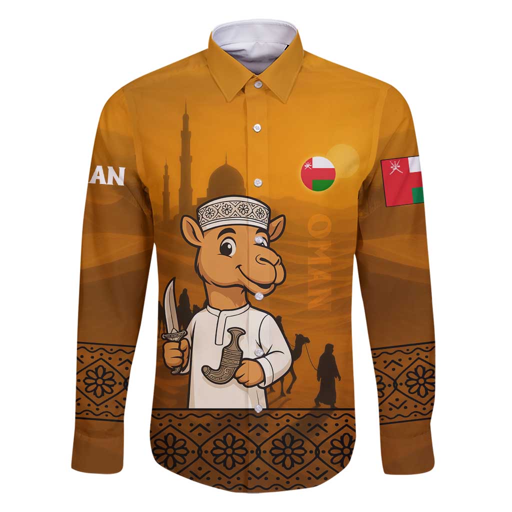 Oman Family Matching Long Sleeve Bodycon Dress and Hawaiian Shirt with Traditional Camel Character and Desert Silhouette Design