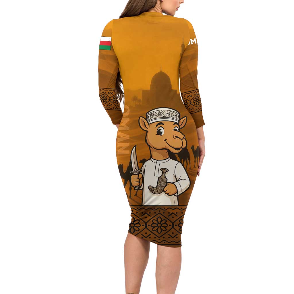 Oman Family Matching Long Sleeve Bodycon Dress and Hawaiian Shirt with Traditional Camel Character and Desert Silhouette Design