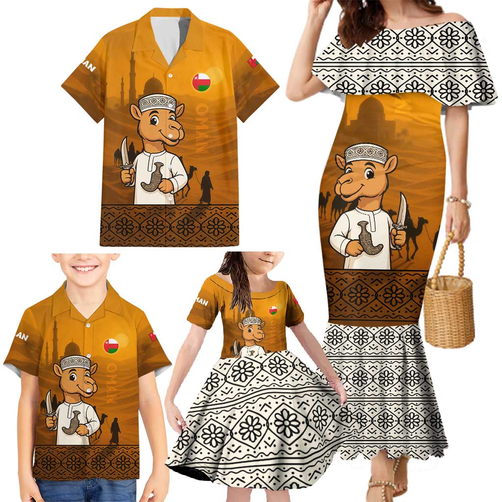 Oman Family Matching Mermaid Dress and Hawaiian Shirt with Traditional Camel Character and Desert Silhouette Design