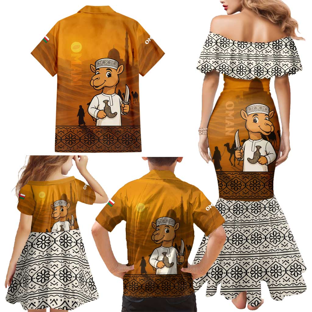 Oman Family Matching Mermaid Dress and Hawaiian Shirt with Traditional Camel Character and Desert Silhouette Design