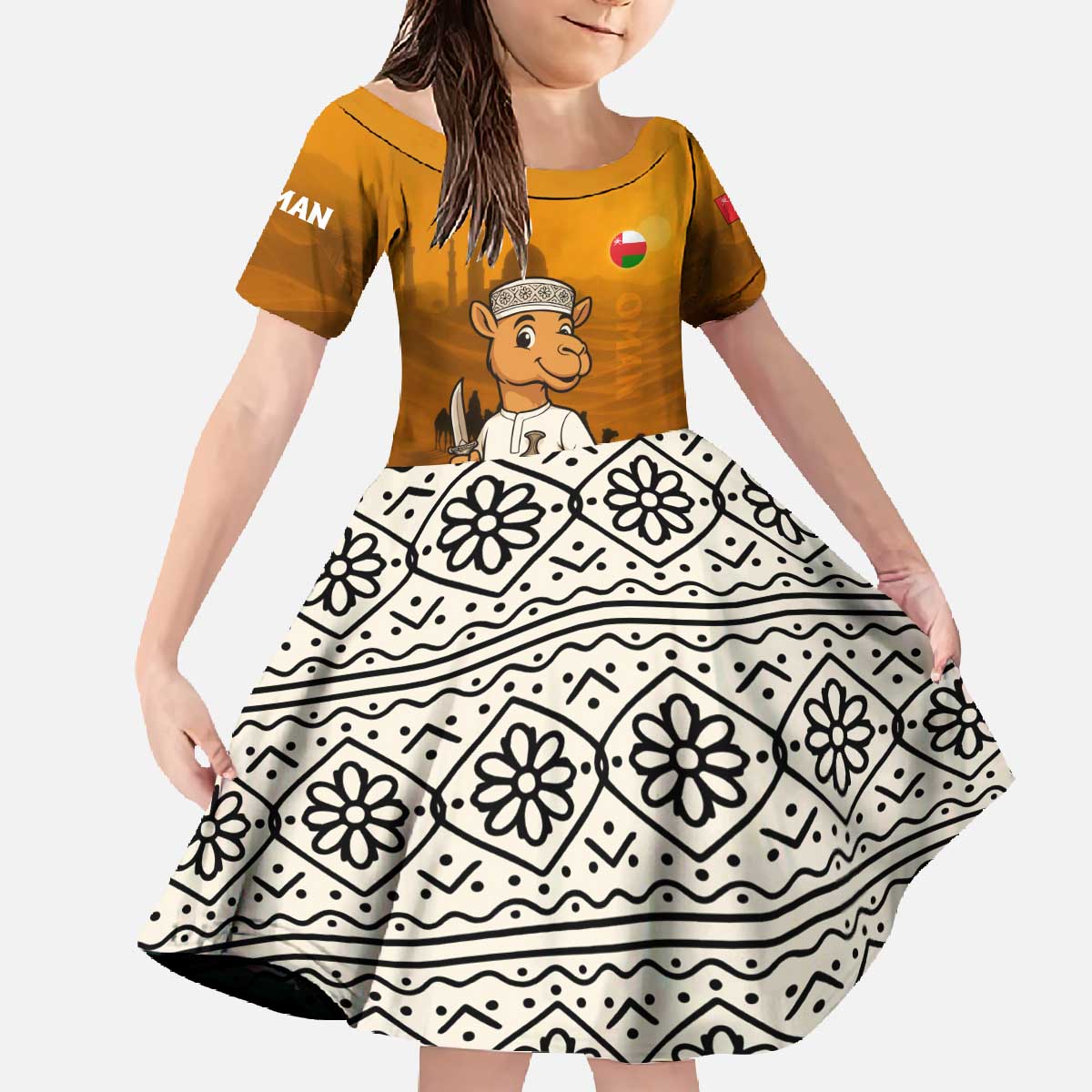 Oman Family Matching Off The Shoulder Long Sleeve Dress and Hawaiian Shirt with Traditional Camel Character and Desert Silhouette Design