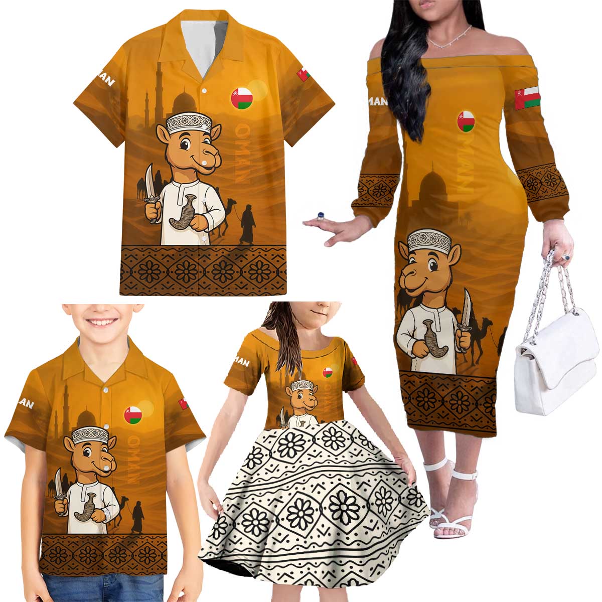 Oman Family Matching Off The Shoulder Long Sleeve Dress and Hawaiian Shirt with Traditional Camel Character and Desert Silhouette Design