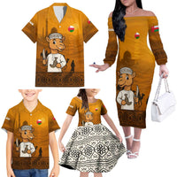 Oman Family Matching Off The Shoulder Long Sleeve Dress and Hawaiian Shirt with Traditional Camel Character and Desert Silhouette Design