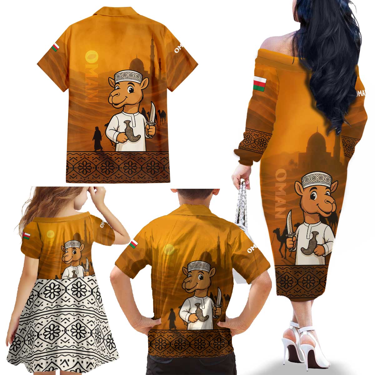 Oman Family Matching Off The Shoulder Long Sleeve Dress and Hawaiian Shirt with Traditional Camel Character and Desert Silhouette Design