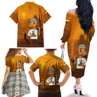 Oman Family Matching Off The Shoulder Long Sleeve Dress and Hawaiian Shirt with Traditional Camel Character and Desert Silhouette Design