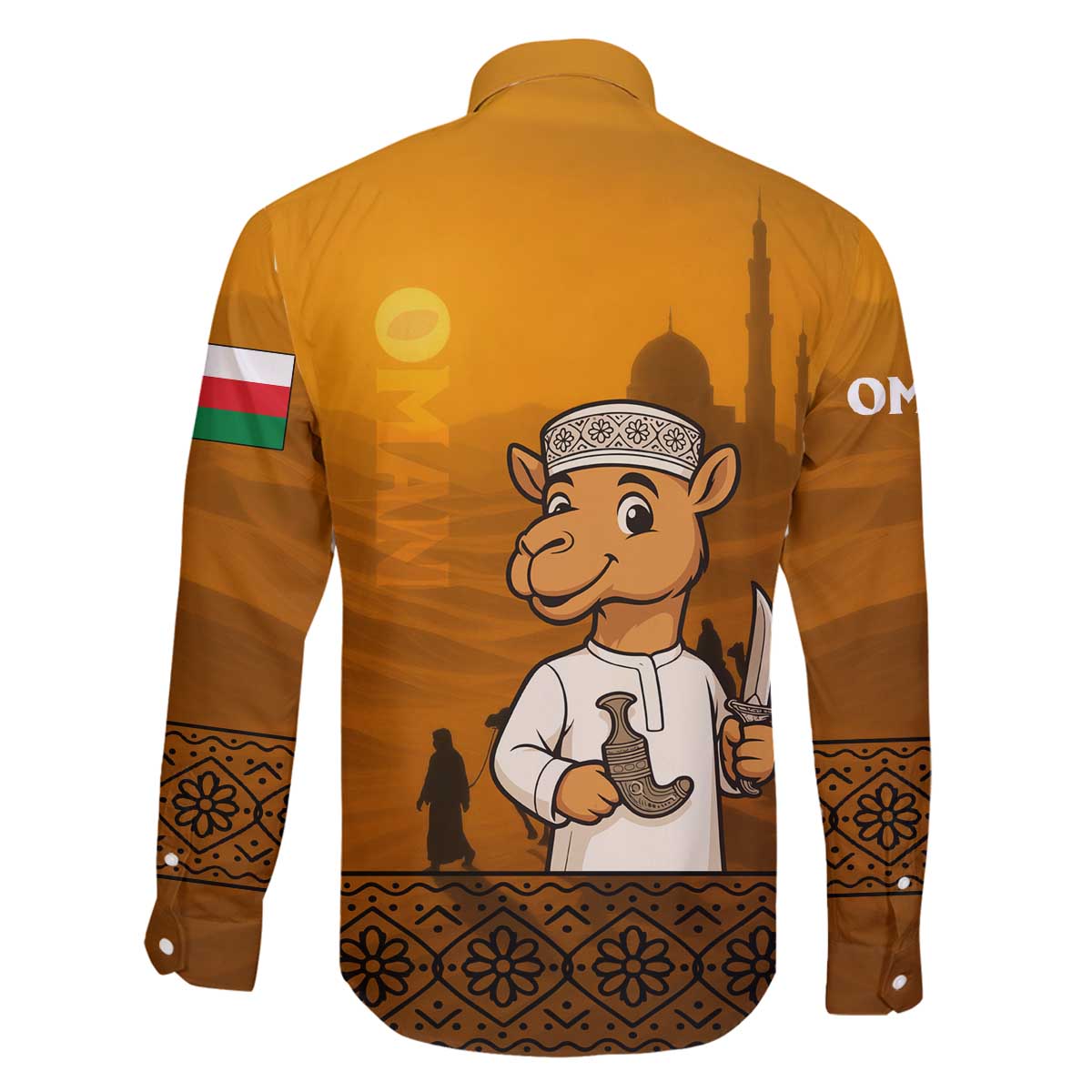 Oman Family Matching Off The Shoulder Long Sleeve Dress and Hawaiian Shirt with Traditional Camel Character and Desert Silhouette Design