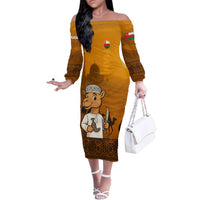 Oman Family Matching Off The Shoulder Long Sleeve Dress and Hawaiian Shirt with Traditional Camel Character and Desert Silhouette Design