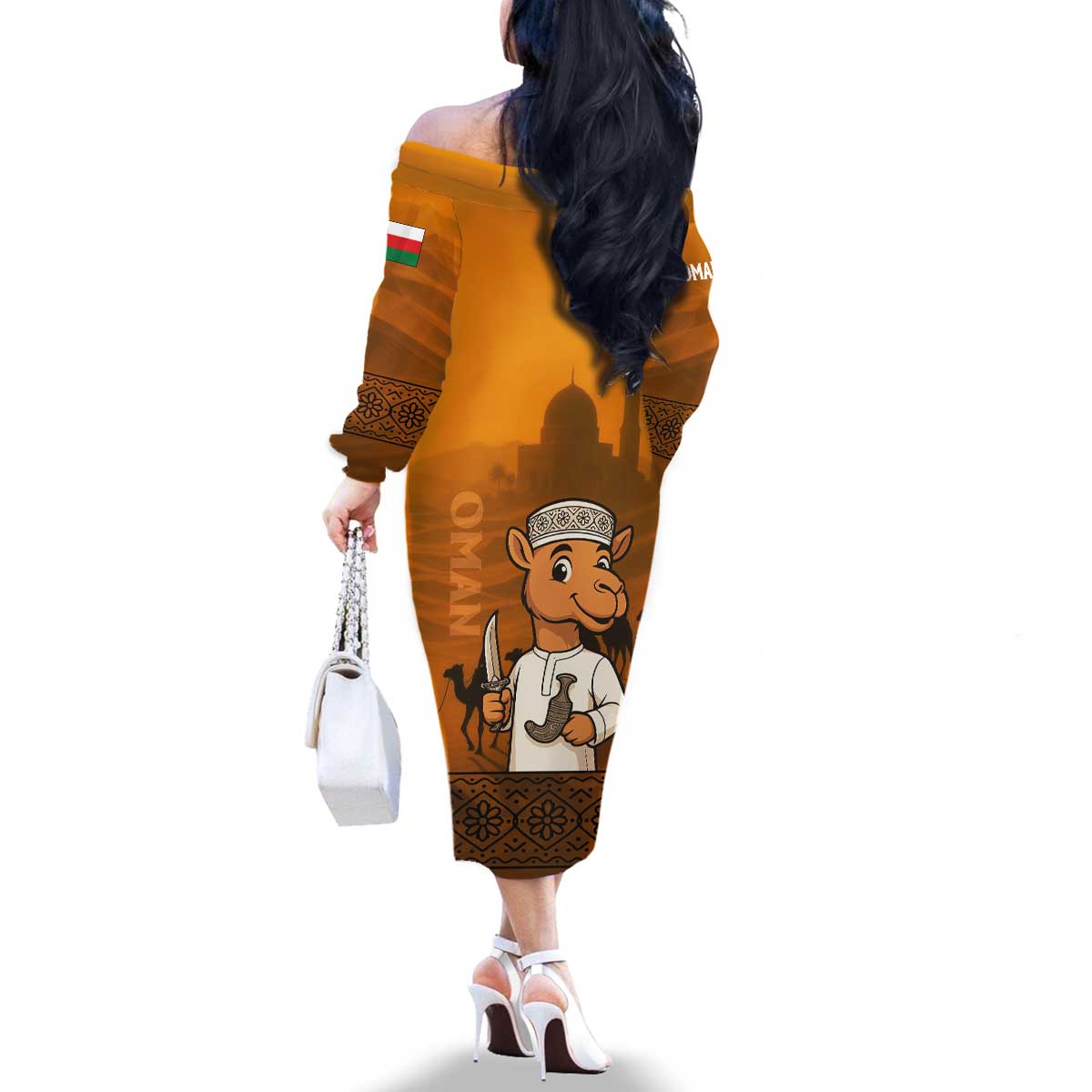 Oman Family Matching Off The Shoulder Long Sleeve Dress and Hawaiian Shirt with Traditional Camel Character and Desert Silhouette Design