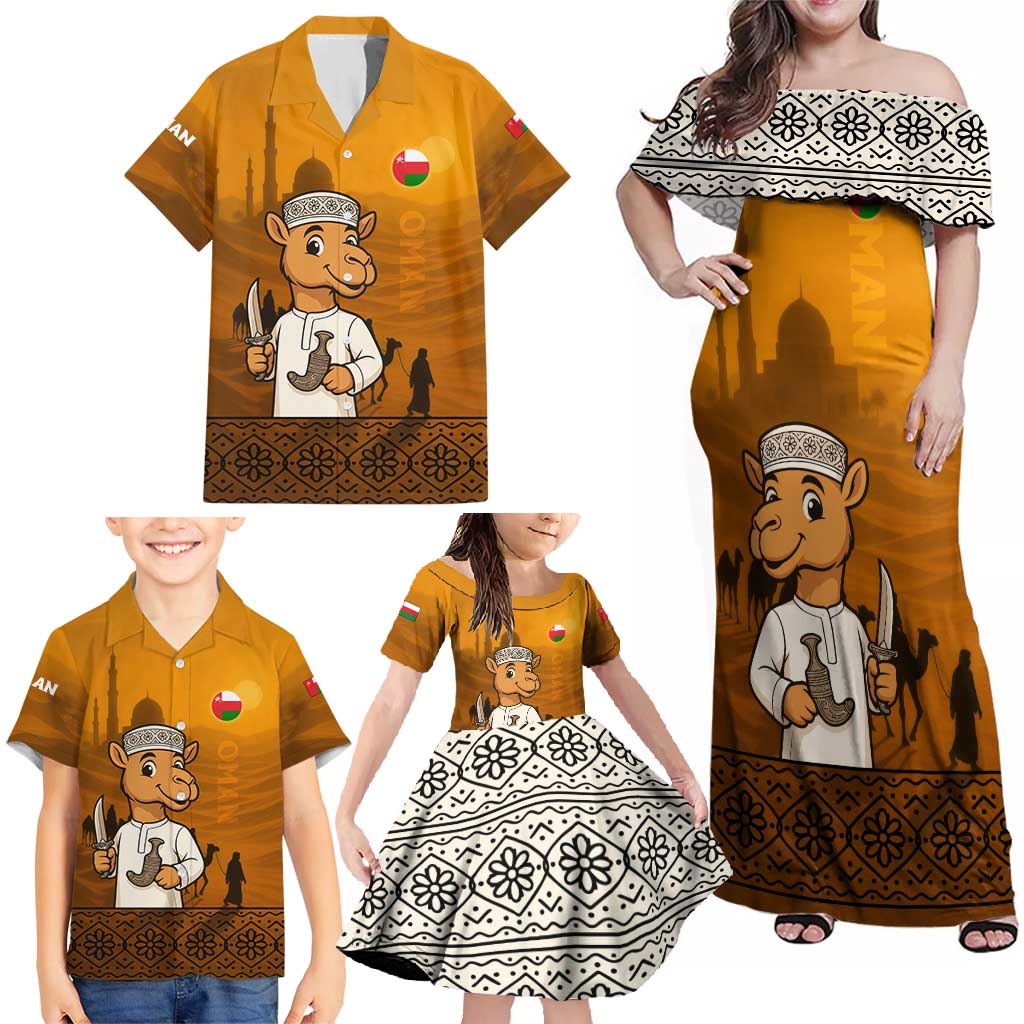 Oman Family Matching Off Shoulder Maxi Dress and Hawaiian Shirt with Traditional Camel Character and Desert Silhouette Design