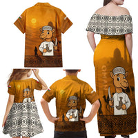 Oman Family Matching Off Shoulder Maxi Dress and Hawaiian Shirt with Traditional Camel Character and Desert Silhouette Design