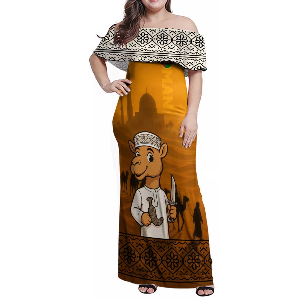 Oman Family Matching Off Shoulder Maxi Dress and Hawaiian Shirt with Traditional Camel Character and Desert Silhouette Design
