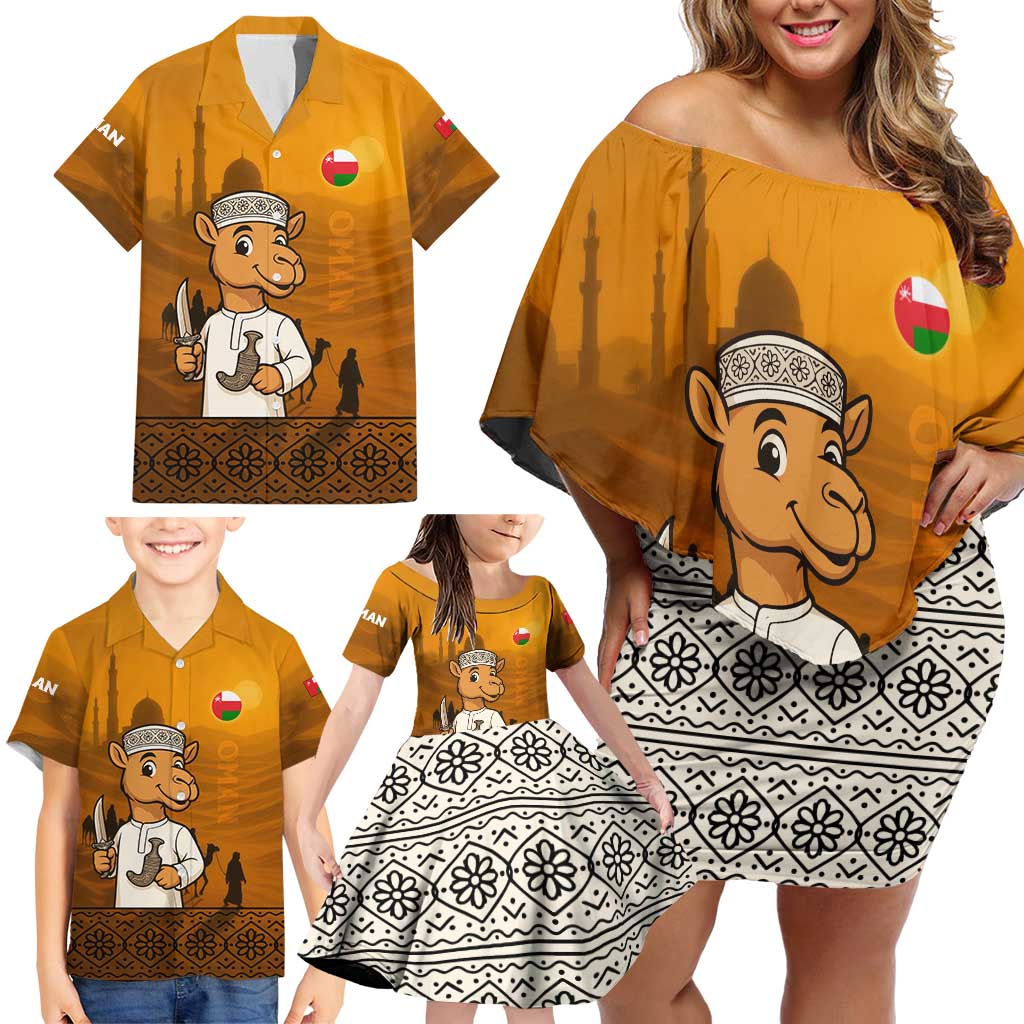 Oman Family Matching Off Shoulder Short Dress and Hawaiian Shirt with Traditional Camel Character and Desert Silhouette Design