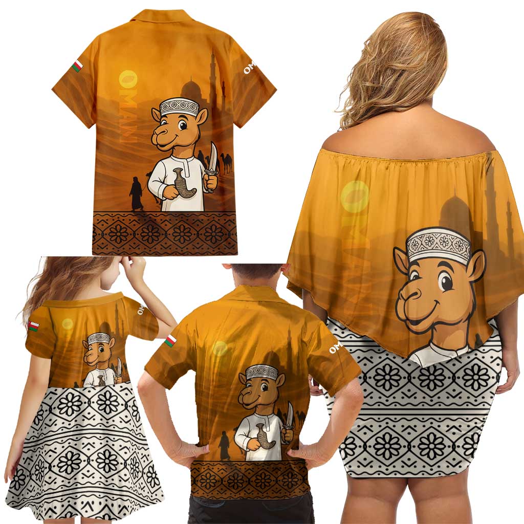 Oman Family Matching Off Shoulder Short Dress and Hawaiian Shirt with Traditional Camel Character and Desert Silhouette Design