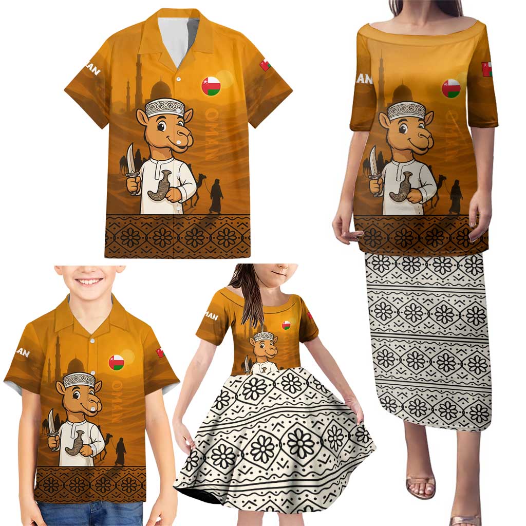 Oman Family Matching Puletasi and Hawaiian Shirt with Traditional Camel Character and Desert Silhouette Design