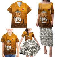 Oman Family Matching Puletasi and Hawaiian Shirt with Traditional Camel Character and Desert Silhouette Design