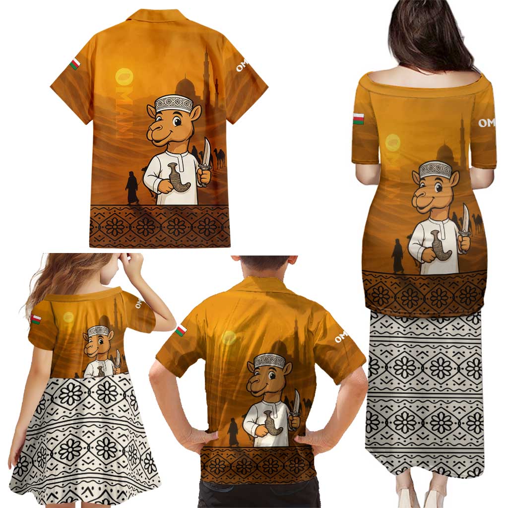 Oman Family Matching Puletasi and Hawaiian Shirt with Traditional Camel Character and Desert Silhouette Design