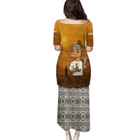 Oman Family Matching Puletasi and Hawaiian Shirt with Traditional Camel Character and Desert Silhouette Design