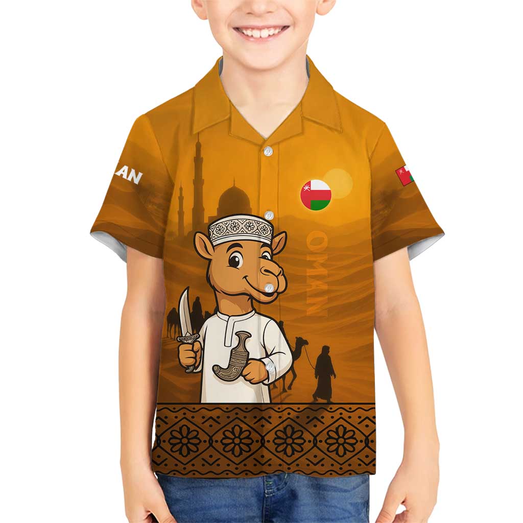 Oman Family Matching Puletasi and Hawaiian Shirt with Traditional Camel Character and Desert Silhouette Design