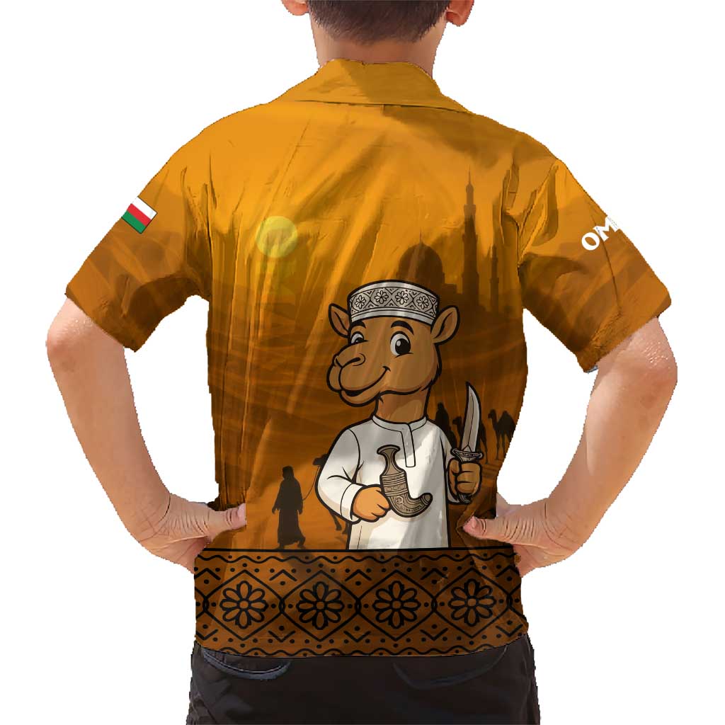 Oman Family Matching Short Sleeve Bodycon Dress and Hawaiian Shirt with Traditional Camel Character and Desert Silhouette Design