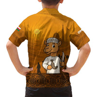 Oman Family Matching Short Sleeve Bodycon Dress and Hawaiian Shirt with Traditional Camel Character and Desert Silhouette Design
