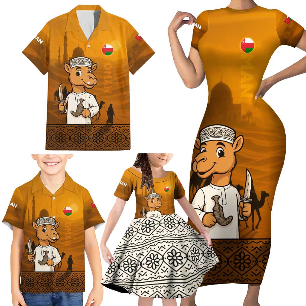 Oman Family Matching Short Sleeve Bodycon Dress and Hawaiian Shirt with Traditional Camel Character and Desert Silhouette Design