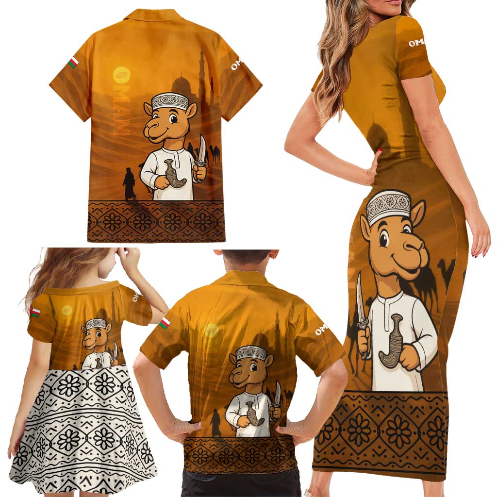 Oman Family Matching Short Sleeve Bodycon Dress and Hawaiian Shirt with Traditional Camel Character and Desert Silhouette Design