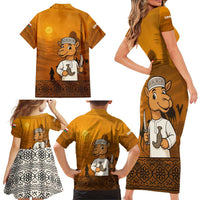 Oman Family Matching Short Sleeve Bodycon Dress and Hawaiian Shirt with Traditional Camel Character and Desert Silhouette Design