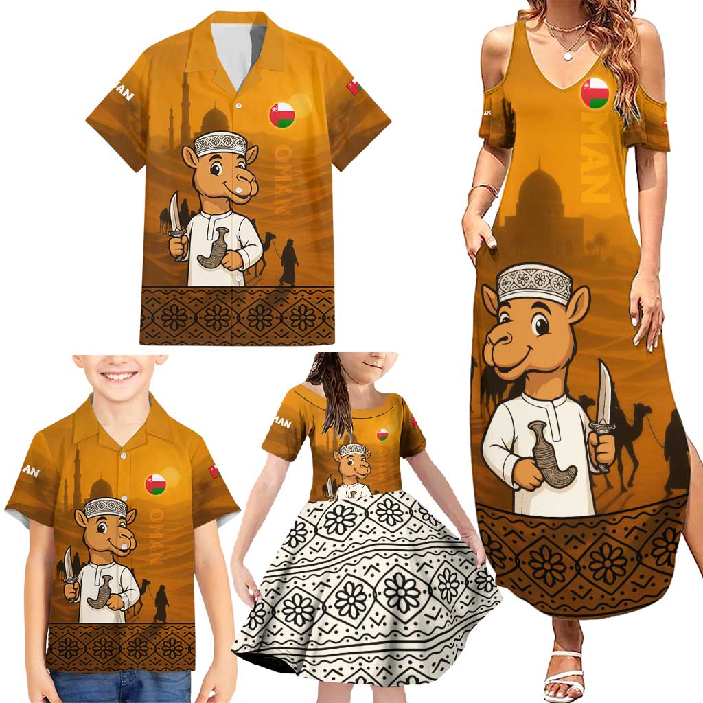 Oman Family Matching Summer Maxi Dress and Hawaiian Shirt with Traditional Camel Character and Desert Silhouette Design