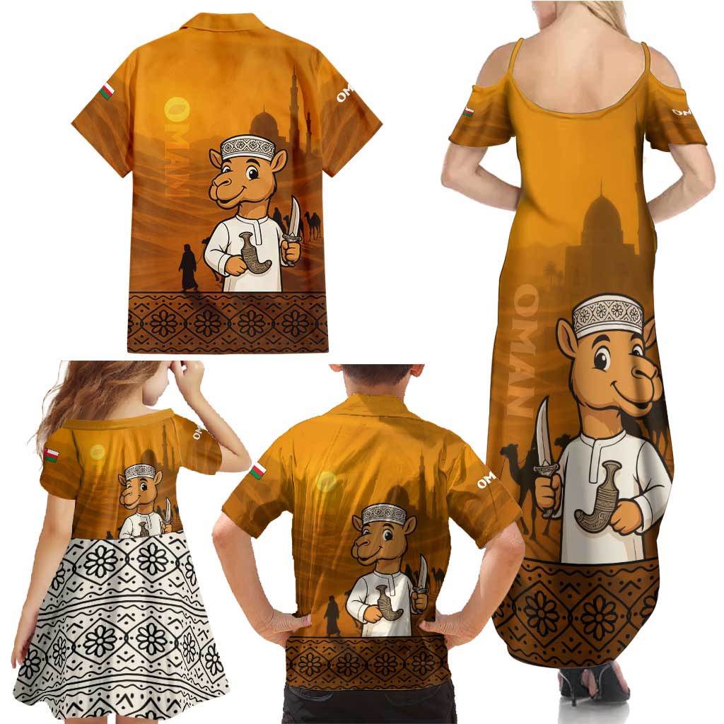 Oman Family Matching Summer Maxi Dress and Hawaiian Shirt with Traditional Camel Character and Desert Silhouette Design
