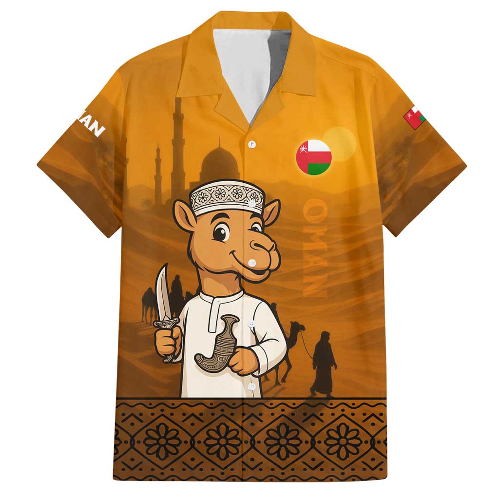 Oman Family Matching Summer Maxi Dress and Hawaiian Shirt with Traditional Camel Character and Desert Silhouette Design