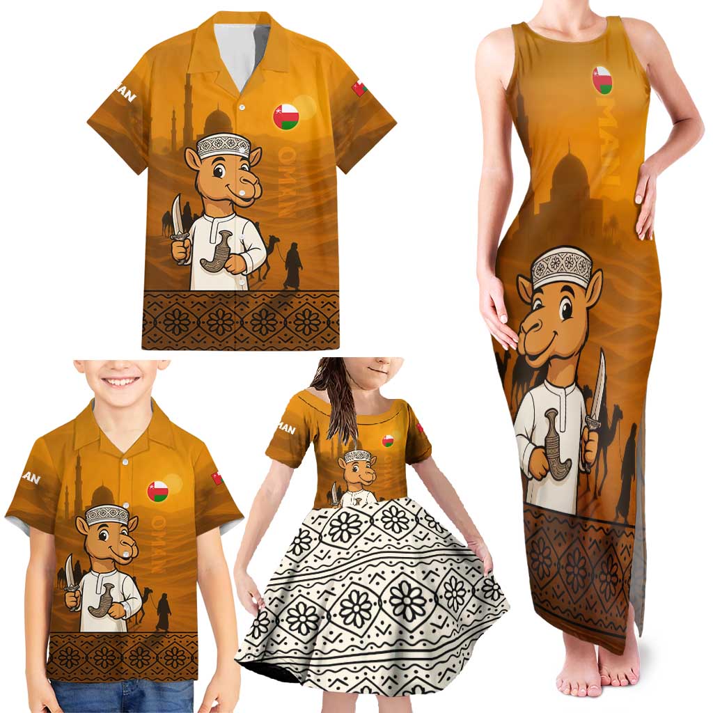 Oman Family Matching Tank Maxi Dress and Hawaiian Shirt with Traditional Camel Character and Desert Silhouette Design