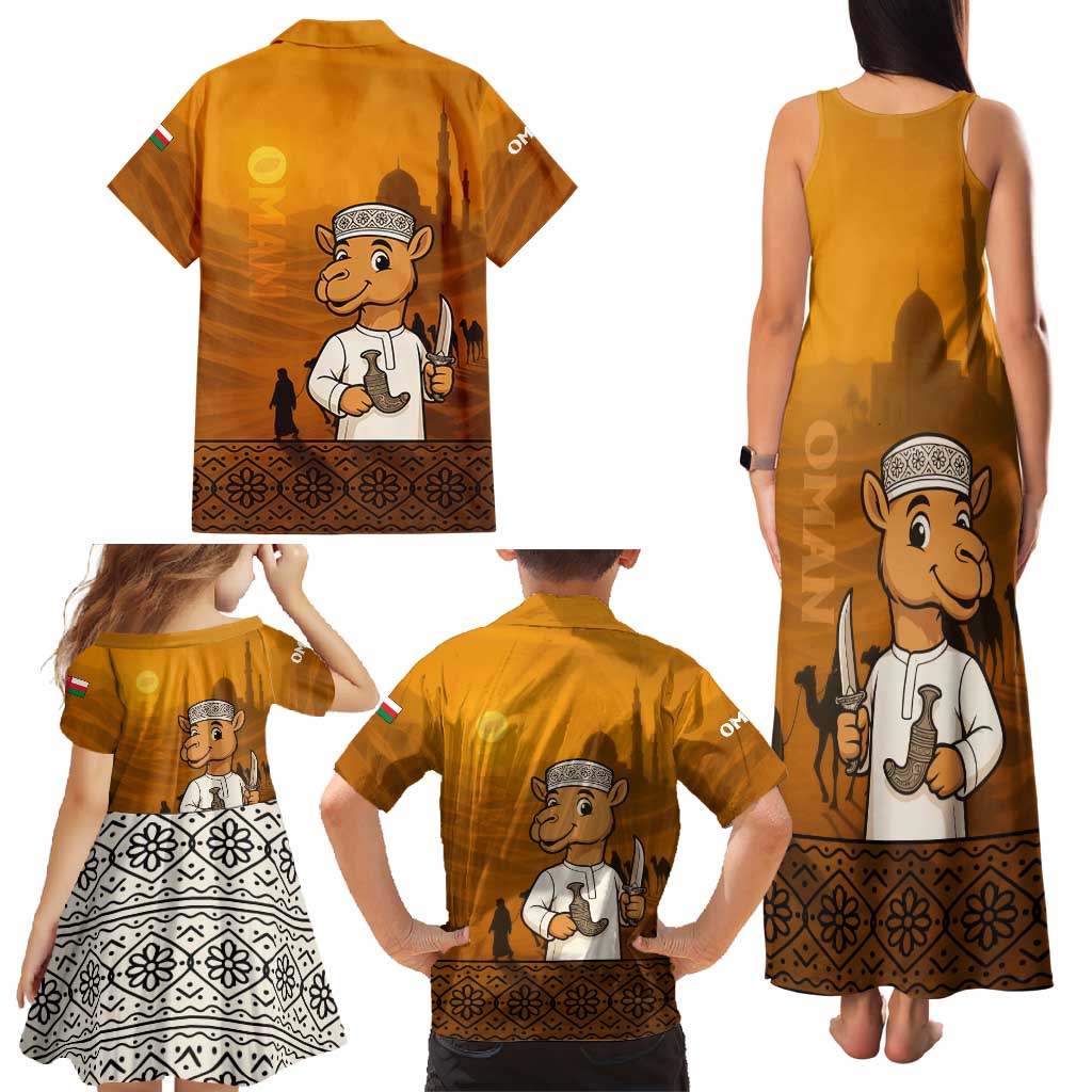 Oman Family Matching Tank Maxi Dress and Hawaiian Shirt with Traditional Camel Character and Desert Silhouette Design