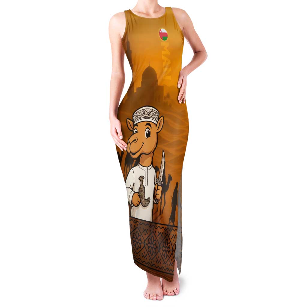 Oman Family Matching Tank Maxi Dress and Hawaiian Shirt with Traditional Camel Character and Desert Silhouette Design