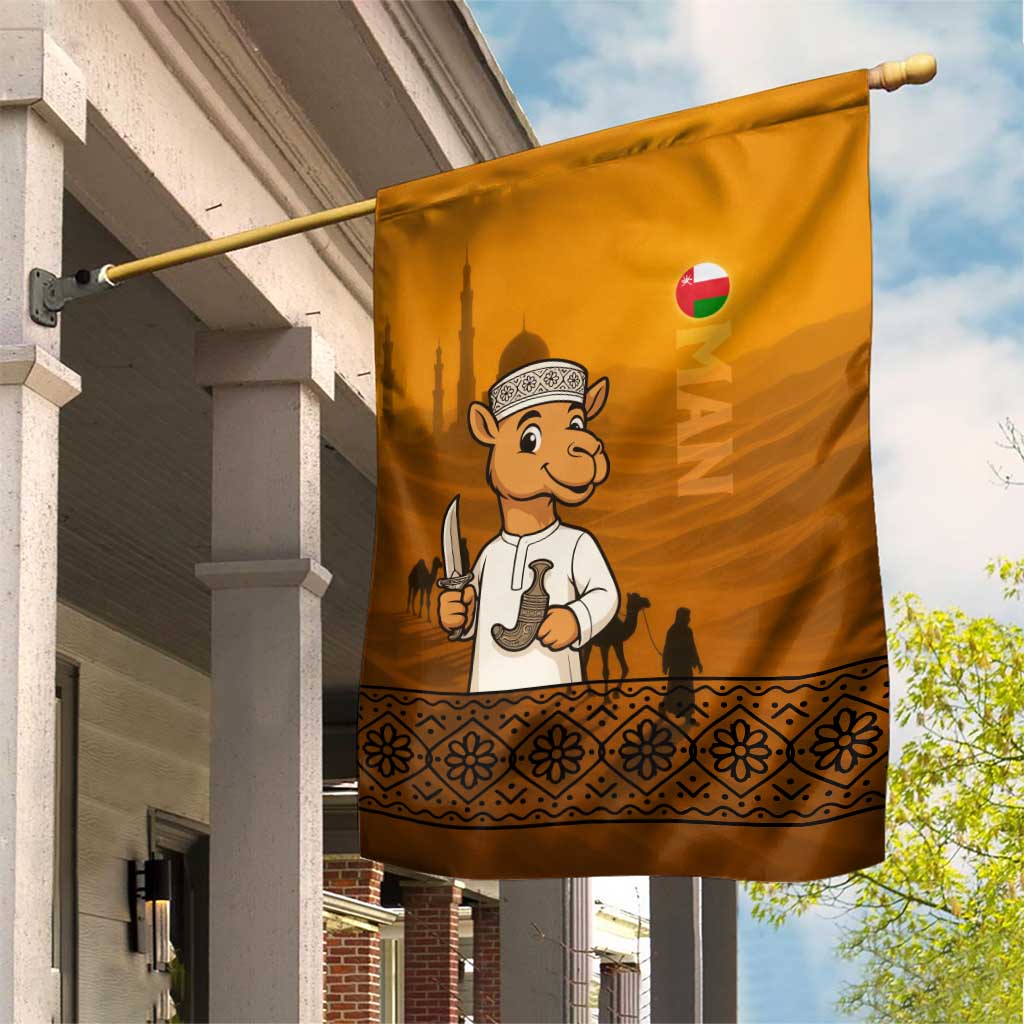 Oman Garden Flag with Traditional Camel Character and Desert Silhouette Design