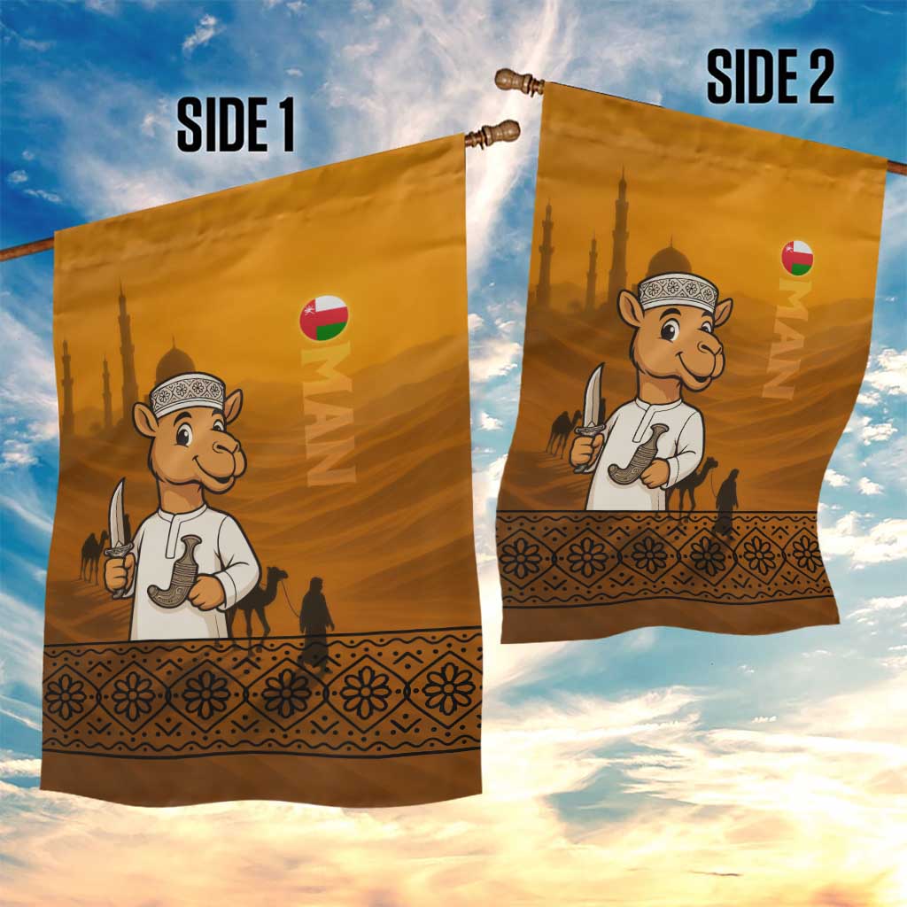 Oman Garden Flag with Traditional Camel Character and Desert Silhouette Design